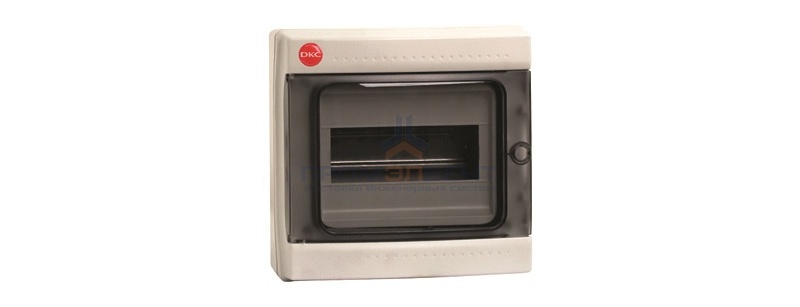 Щиток настенный DKC на 8 модулей IP65 серый с прозрачной дверцей с клеммником 87508 и замком